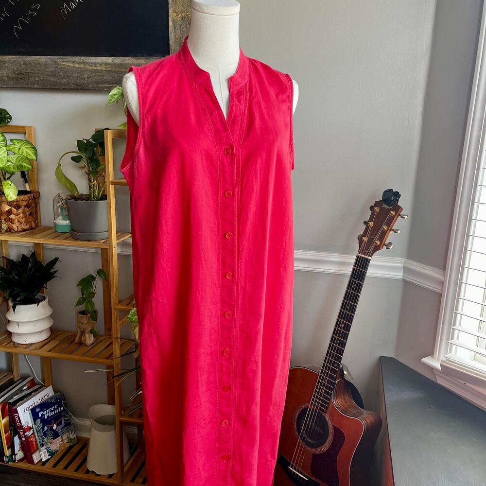 Vintage 90s Pink 100% Linen Button Front Sleeveless Maxi Dress Size 12 M